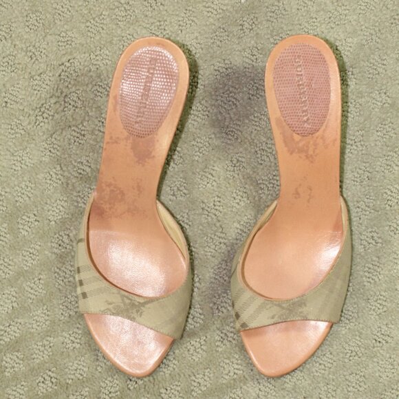 Burberry Women 7.5 / 38 Check Slides Beige Plaid Mule Sandal 3" Kitten Heel - Picture 2 of 6
